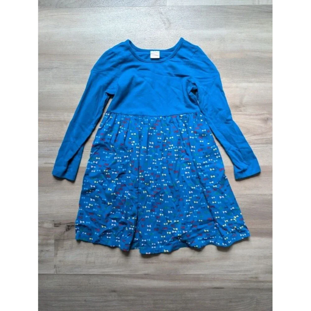 Hanna Andersson Bow Print Long sleeve Blue Dress, 8Y (U1)